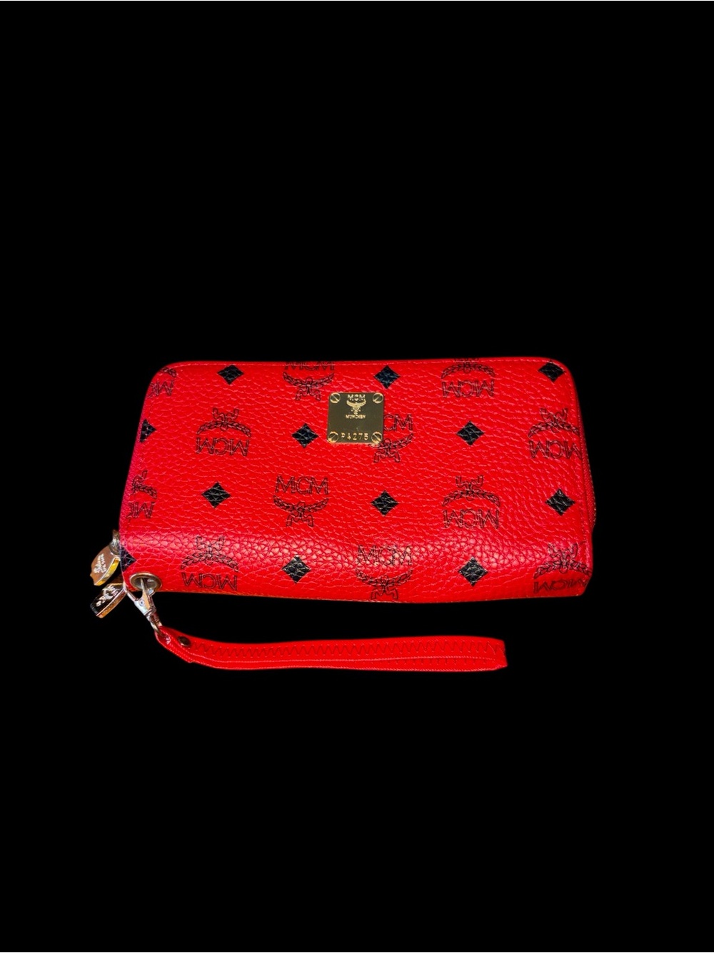 MCM Red Logo-Print Zip Wristlet Wallet with Gold Plaque
